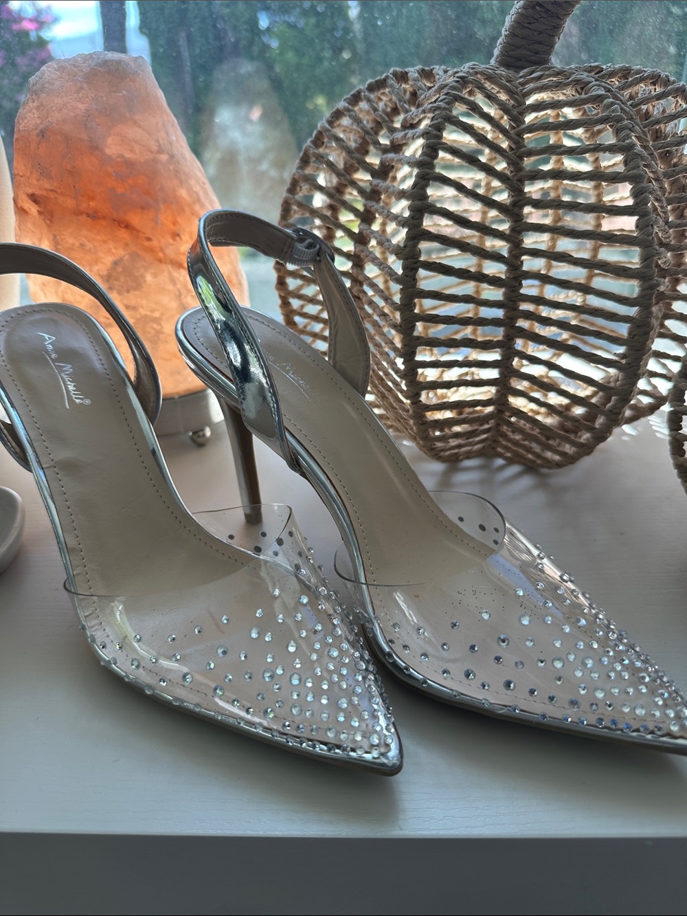 Brand new Clear Rhinestone Pointed Slingback Heels - Silver Accents
